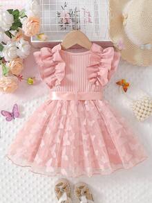 SHEIN 女婴荷叶边短袖罗纹蝴蝶结网纱圆领夏季公主风休闲粉色连衣裙，配腰带 - 粉色 - 查看 2