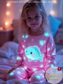 Baby Girls' Cute Fish & Blue Star Print Knit Elastic Fabric Soft Comfortable Glow-In-The-Dark Long Sleeve Top And Pants 2-Piece Pajama Set - Multicolor - View 1