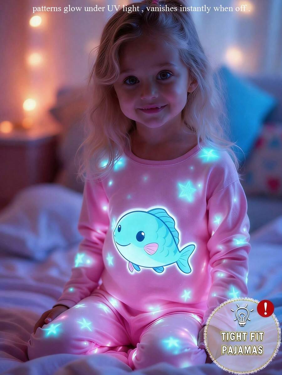 Baby Girls' Cute Fish & Blue Star Print Knit Elastic Fabric Soft Comfortable Glow-In-The-Dark Long Sleeve Top And Pants 2-Piece Pajama Set - Multicolor - View 1