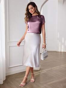 Miaspire Women's Elegant Petal Sleeve Pleated Loose Top, Satin & Contrast Lace, Summer - Purple - View 6