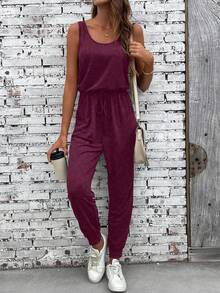 EMERY ROSE Bộ jumpsuit không tay cổ tròn, túi xéo, màu trơn, kiểu dáng thường ngày, đa năng. - Màu Đỏ Sâu - Xem 6