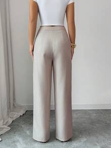 Elenzga 女士竹纤维提花面料优雅职业装长裤，腰部饰有夸张金属装饰，春夏款 - 杏色 - 查看 2