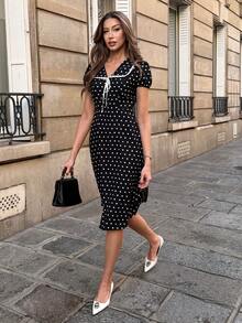 SHEIN PariChic 女士春夏波点连衣裙，蝴蝶结领，短泡泡袖，收腰A字裙，夏季套装 - 黑色 - 查看 4