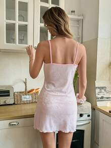 Snug Reverie Áo ngủ ngắn hai dây dệt kim jacquard thêu hoa tinh tế. - Hồng - Xem 2