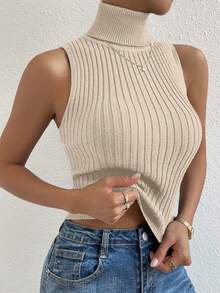SHEIN Unity Women's Solid Color Turtleneck Fitted Versatile Knit Top - Apricot - View 7