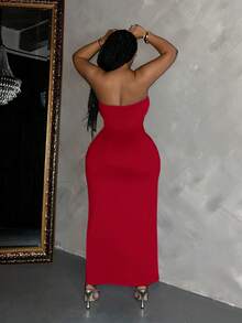 SHEIN Slayr Elegant Plus Size Red Knitted Bodycon Strapless Long Dress Tube Dress Plus Size - Red - View 3