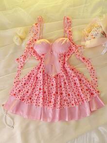 DelicateAllure 可爱性感时尚粉色爱心印花网纱拼接荷叶边吊带睡裙 - 粉色 - 查看 1