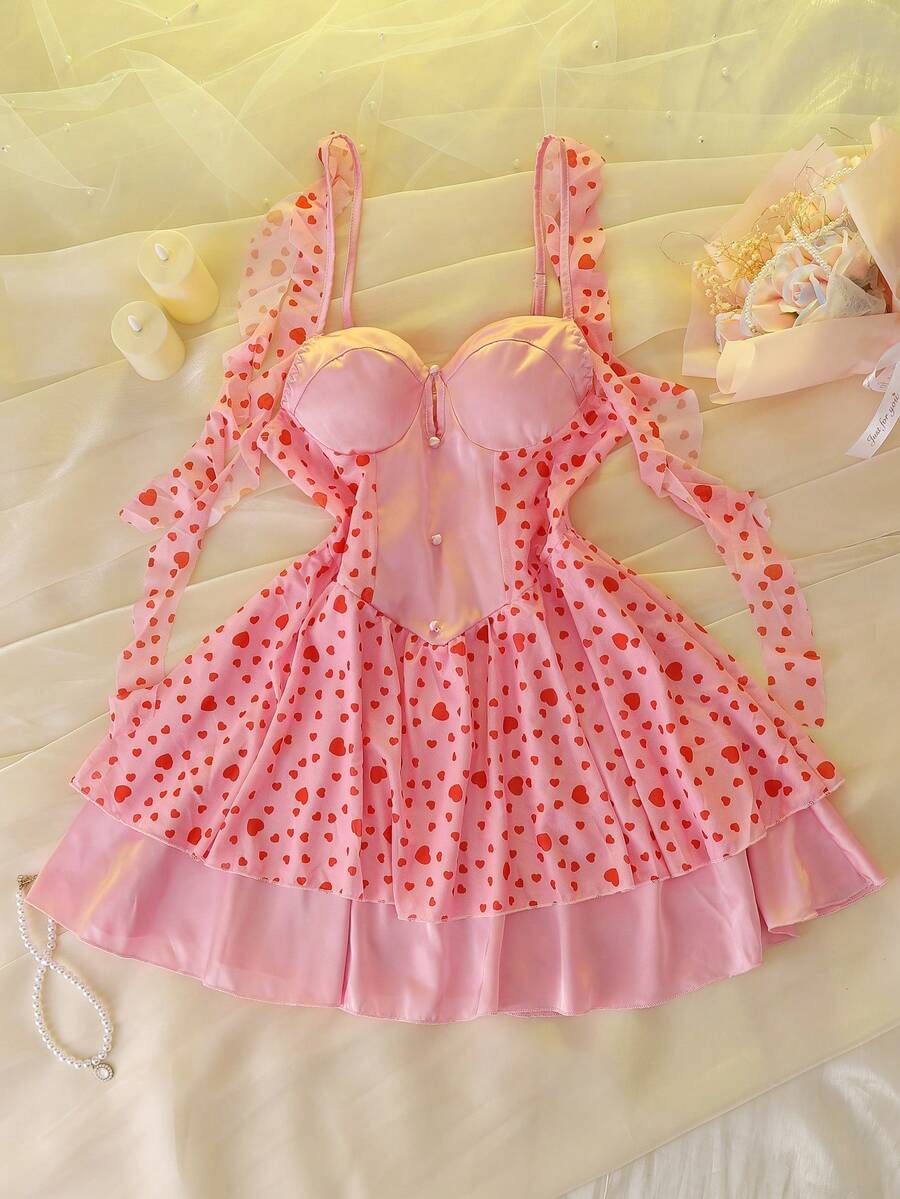 DelicateAllure 可爱性感时尚粉色爱心印花网纱拼接荷叶边吊带睡裙 - 粉色 - 查看 1