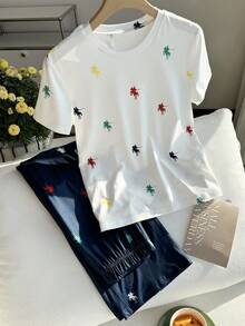 Tween Girls' Summer 2 Pieces Set: White Short-Sleeve T-Shirt And Navy Blue Wide-Leg Pants Set. - Blue and White - View 4