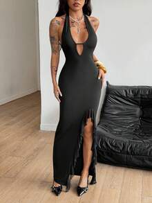 Coolane Women's Spring/Summer Chic Casual Vacation Outfits Music Festival Date Night Party Stretchy V-Neck Halter Backless Ruffle Long Dress - Black - View 2