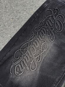 SHEIN Quần short denim đen dáng rộng, phong cách thường ngày Y2K cổ điển, cá tính, chất liệu denim đen, họa tiết chữ nổi 3D, đơn giản và thoải mái, thích hợp mặc hàng ngày, mùa xuân hè, đi lễ hội và dạo phố. - màu đen - Xem 3