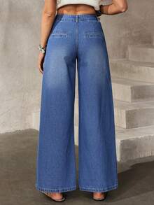 EMERY ROSE 女士高腰口袋设计阔腿宽松休闲牛仔裤 - 藍色 - 查看 2