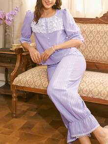 Elegant French Lace Sleepwear, Romantic Lace Patchwork Sleepwear With Ruffle Hem, Charming Ladies Sleepwear Set - Purple - View 5