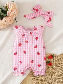 SHEIN Newborn Baby Plaid & Strawberry Print Romper With Bow Headband Set - Baby Pink - View 3