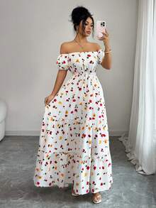 SHEIN Elenzya 休闲舒适、魅力十足、复古优雅的女士温柔浪漫度假风泡泡袖可转换连衣裙，收腰A字下摆印花连衣裙，适合夏季日常通勤和旅行穿着。 - 彩色 - 查看 5