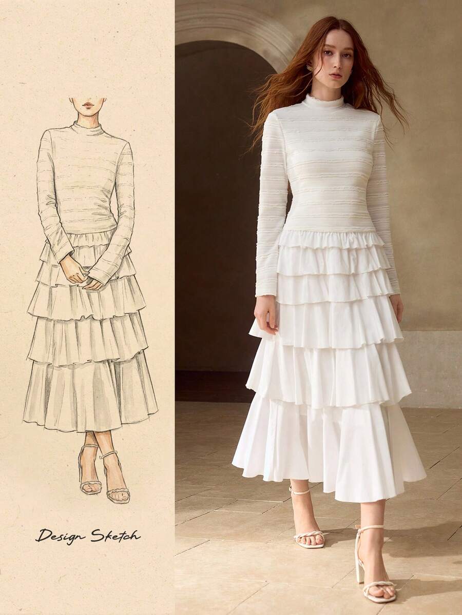 MOTF PREMIUM WOMEN'S RUFFLE LAYERED HEM MIDI DRESS, AUTUMN/WINTER - White - View 1