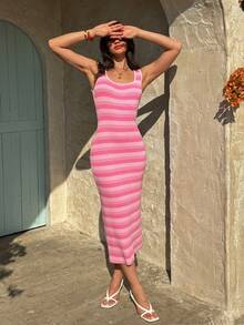 Selianne Sleeveless U-Neck Sexy Contrast Stripe Knit Dress, Waist-Cinching, Chic & Slimming, Spring/Summer - Pink - View 3