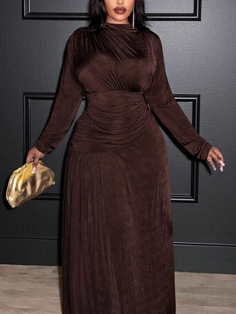 Veslaya 春夏新款音乐节、复活节、圣帕特里克节、西部风、游牧风、生日派对、毕业典礼、学院风、学生装、日常休闲、百搭基础款、休闲、邮轮旅行、海滩、日光浴、爆款、街头风、婚礼宾客波西米亚风、通勤、早午餐、机场、复古乡村风、修身圆领长袖褶皱长裙、女士大码、棕色亮面面料 - 棕色 - 查看 1