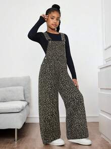 Tween Girl Leopard Print Wide Leg Denim Overalls - Multicolor - View 5