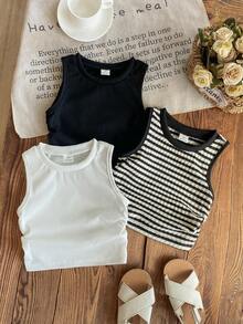 SHEIN 3件套少女针织圆领褶皱休闲背心套装 - 彩色 - 查看 3