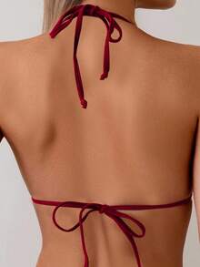 Swim Vcay 两件套女士极简性感蕾丝边三角比基尼套装，带挂脖系带 - 酒紅色 - 查看 4