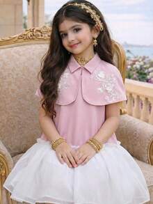 Young Girl Light Pink Summer 7th Birthday Princess Dress Set,Delicate Lace Applique 3D Flower Collar Capelet & Ruched Organza Flared Dress,2pcs Kids - Pink - View 3