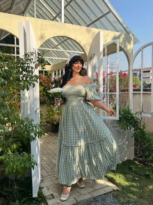 Lyrianda 大码女式绿色格子短袖休闲度假连衣裙，夏季 - 綠色 - 查看 6