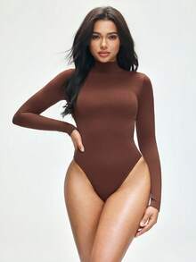 SHAPORA 无缝女士高领长袖显瘦连体裤，女士基础塑身连体裤，可作外衣穿着 - 咖啡棕 - 查看 2