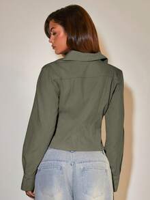 COSMINA 女士休闲前扣牛仔衬衫，修身腰部，长袖牛仔上衣，适合日常穿着和通勤，优雅牛仔上衣，秋冬牛仔上衣，春季牛仔上衣，休闲牛仔，灰色牛仔上衣，日常街头风格，秋季风格。 - 軍綠色 - 查看 2