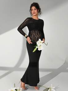 Cheriluna Maternity Solid Color Lace Long Sleeve Maxi Dress With Ruffle Mermaid Hem, Maternity Photoshoot Outfit - Black - View 1