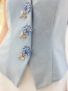 MOTF PREMIUM RHINESTONE FLOWER BUTTON HALTER DENIM TANK TOP FOR WOMEN - Blue - View 1
