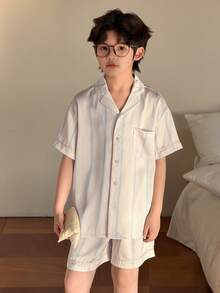 DAZY Conjunto de pijama con camisa de manga corta con botones y pantalones cortos con estampado de rayas para niño preadolescente - Albaricoque - Ver 6