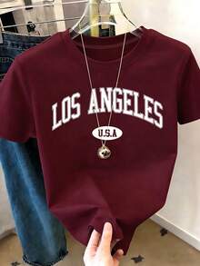 Resyla Women's Letter Print Short Sleeve T-Shirt Graphic Tees Women Tops - Maroon - View 6