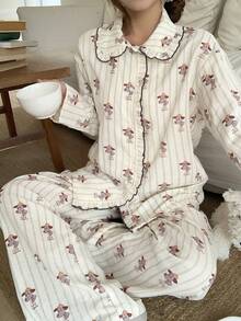 DAZY Happy Dog Striped Print Frill Trim Loose Women Pajama Set - White - View 14