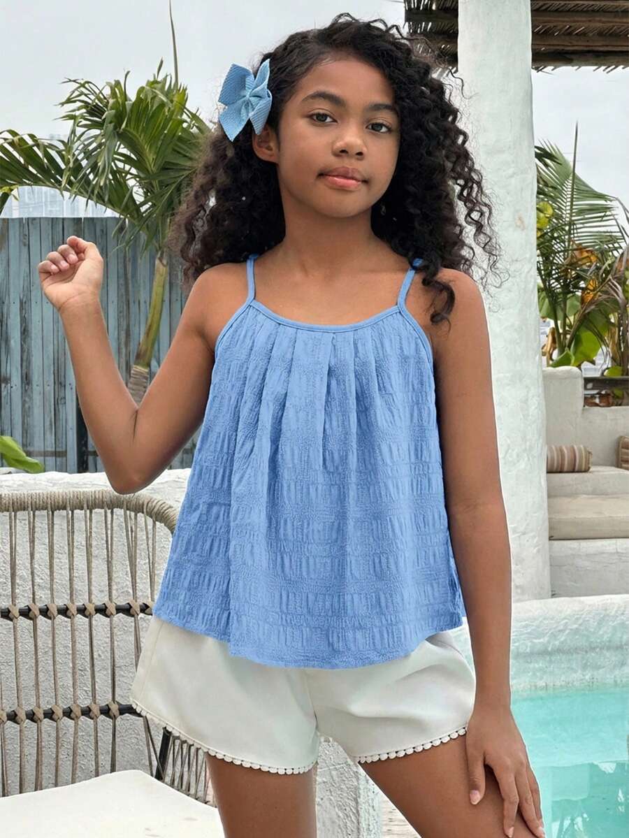 SHEIN Tween Girls' Casual Solid Color Pleated Camisole - Baby Blue - View 1