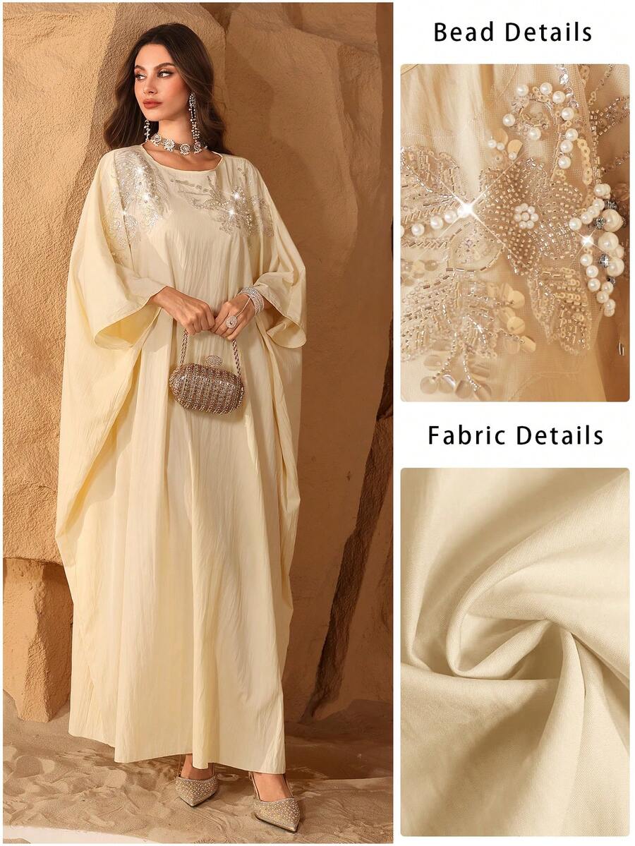 Al Najma Đầm tay cánh bướm màu vàng thanh lịch, đính họa tiết, thích hợp cho mùa xuân/hè.