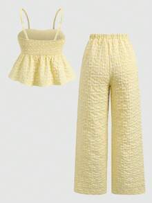 SHEIN Teen Girls' Casual Vacation Textured Cream Yellow Camisole And Pants Set, Summer - Yellow - View 2