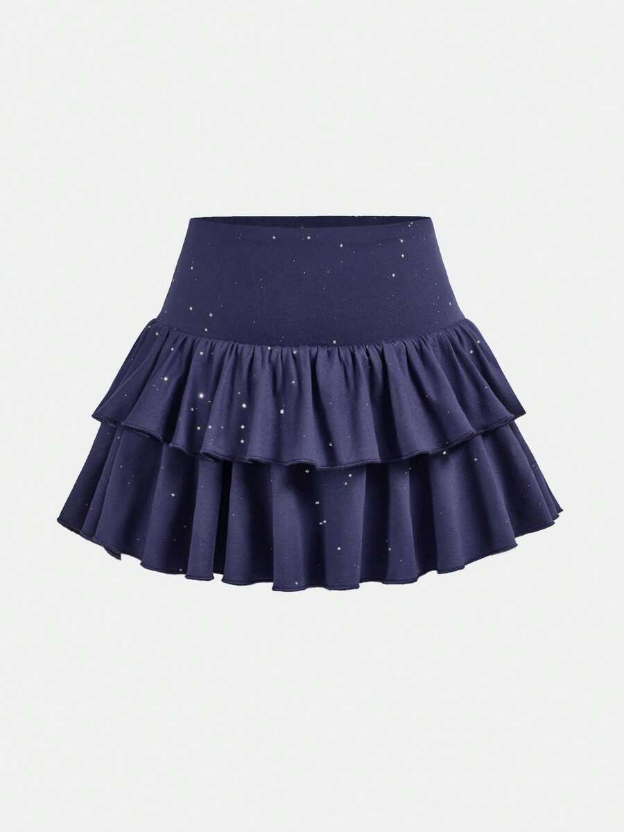 SHEIN 少女裙装 - 瑜伽、打底裤、休闲、运动、上学、返校、黑色衬裙双层荷叶边蛋糕裙迷你裙、春夏、清爽、基础款、日常、百搭、夏季运动时尚、返校季、校服 - 藏蓝色 - 查看 1