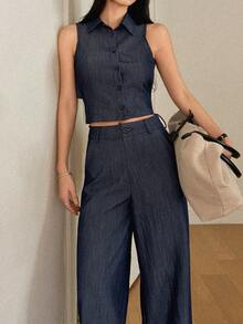 DAZY Women's Collared Sleeveless Backless Tie-Up Denim Top And Loose Wide-Leg Denim Pants Casual Suit Summer - Dark Wash - View 5