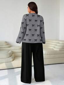 SHEIN EZwear 大码女装两件套：宽松圆领T恤和直筒裤 - 灰色 - 查看 2