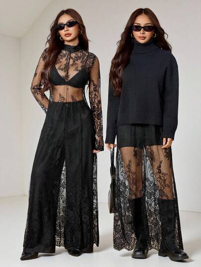 SHEIN PETITE 2025款，适合5-15°C，可叠穿，现代都市风格，黑色蕾丝面料，收腰修身剪裁，女士长裙，优雅百搭，适合日常穿着，新款秋冬派对礼服