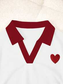 Resyla Women's Contrast Striped Print & Heart Embroidery Casual Short Sleeve Top - White - View 5