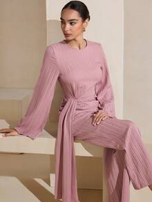Graceveil Bộ đồ nữ tay dài màu nâu thanh lịch (2 món) - Hồng - Xem 6