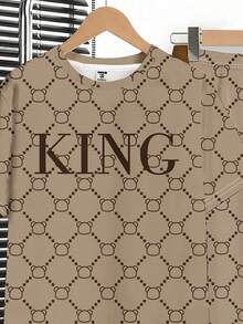 Teen Boy New Arrival Casual Minimalist Classic Fashion Retro Floral, English Letter "King" Sports Style Loose Comfortable Fashionable Simplistic Round Neck Short Sleeve T-Shirt And Pants Set - Multicolor - View 4