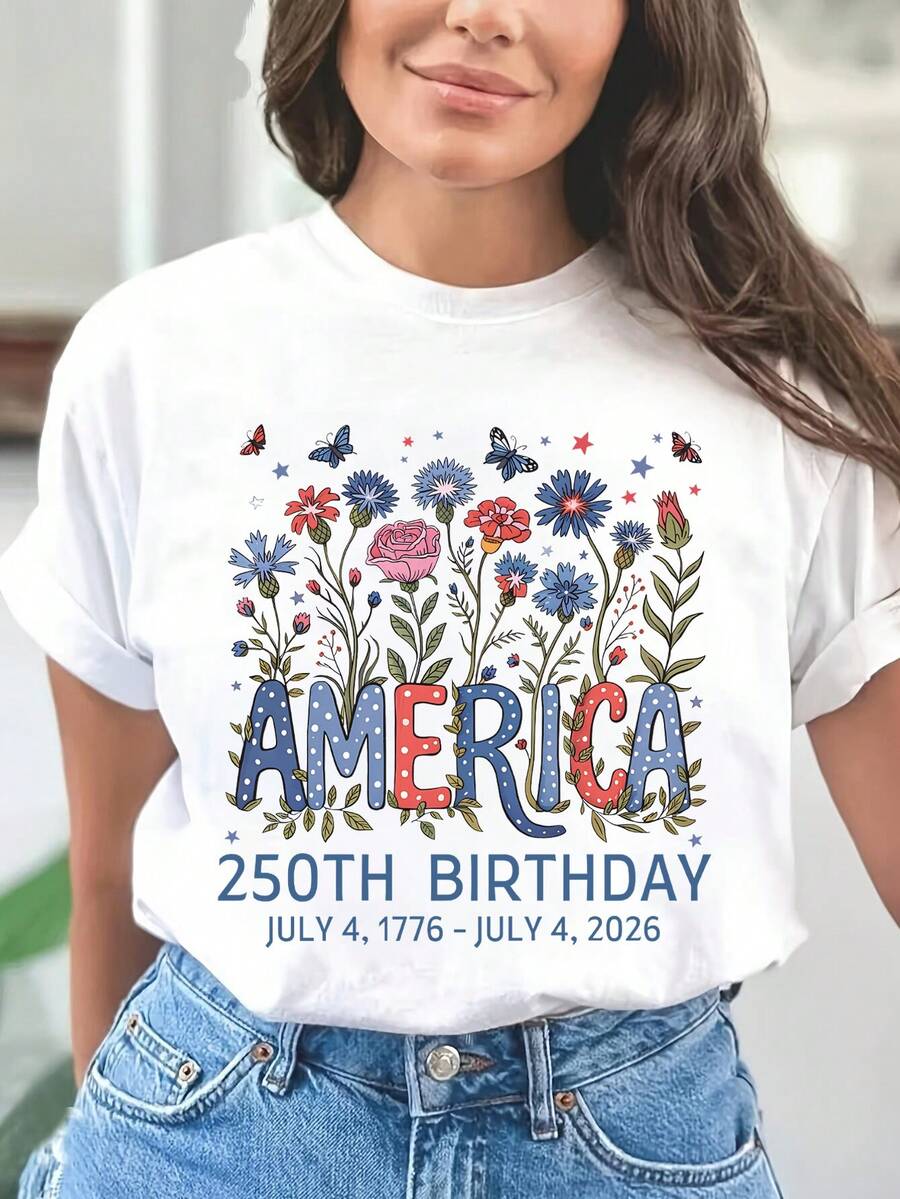 INAWLY 女士印花休闲圆领短袖T恤，日常百搭 - 粉色 - 查看 1