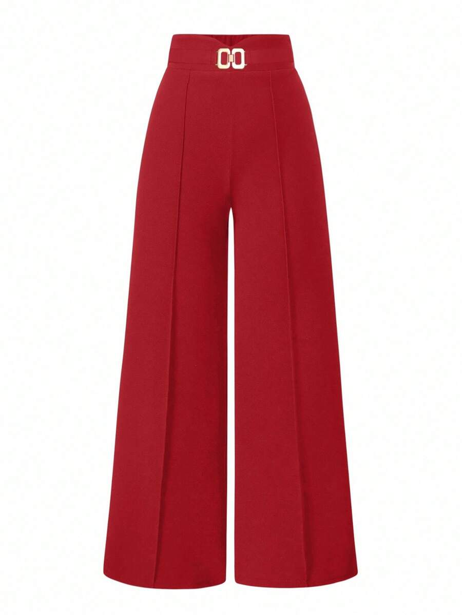 SHEIN PETITE Pantalon minceur texturé en tissu élastique minimaliste pour femmes de la série Petite, avec décoration métallique - Rouge - Voir 1