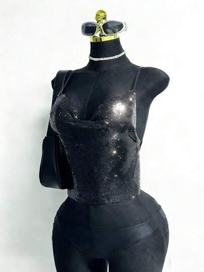 EgrlEra Y2K Women's Metallic Sequin Cami Top, Sexy Backless, Suitable For Holiday Party