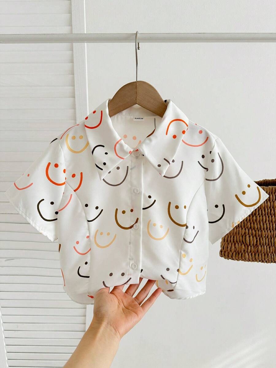 SHEIN LMoss Kids 少女白色領口印花短版短袖襯衫,休閒可愛日系圖案鈕扣開襟上衣,適合夏天少女上學穿著 - 白色 - 查看 1