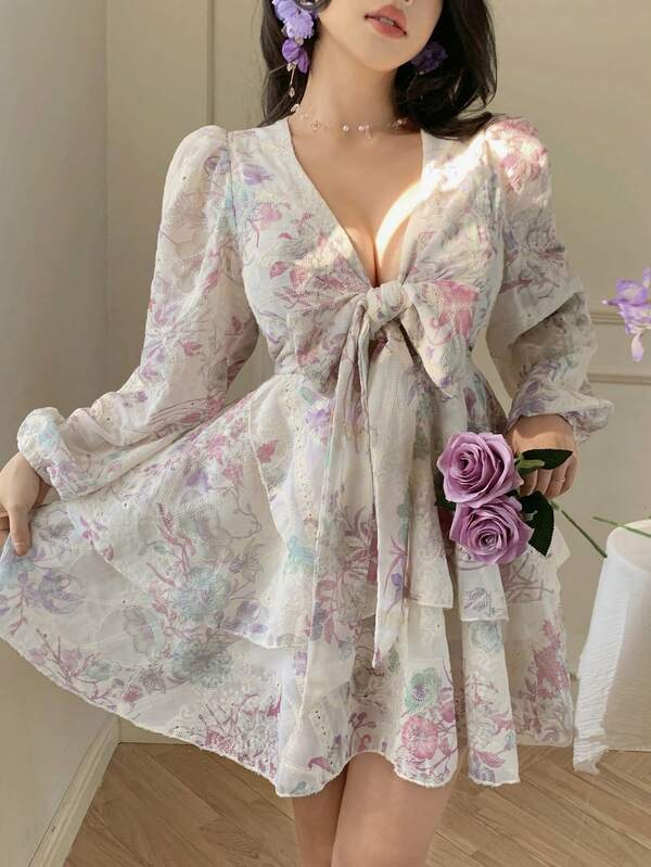 DAZY French Style Pink Floral V-Neck Long Sleeve Dress, Tie-Waist Chiffon A-Line Mini Skirt, Spring