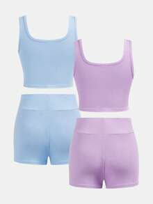 SHEIN Girlism Tween Girl Fitted Casual Round Neck Tank Top And Bike Shorts Set - Multicolor - View 2